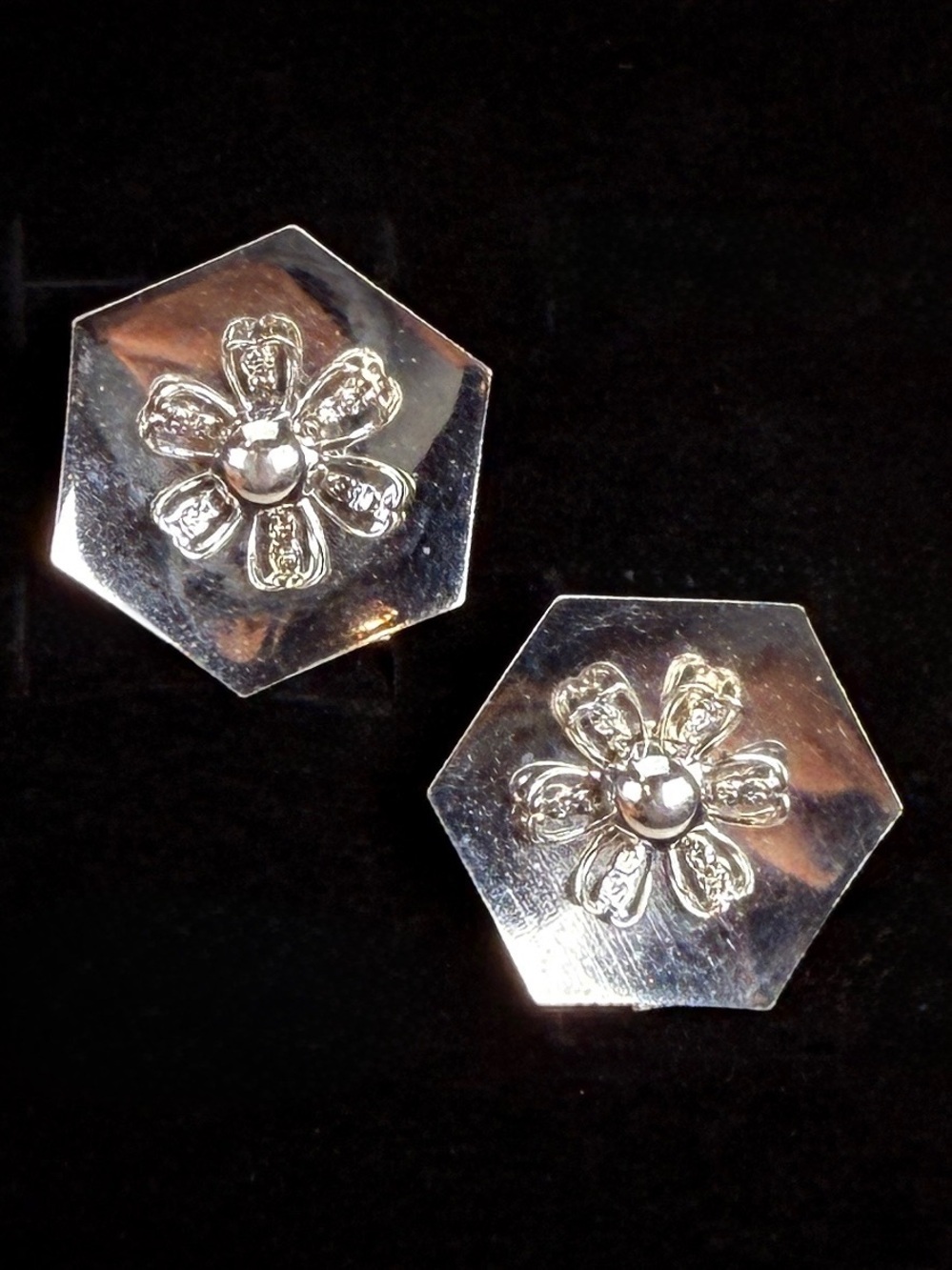 Vintage aged Silvertome Floral Hexagon clip on Earrings